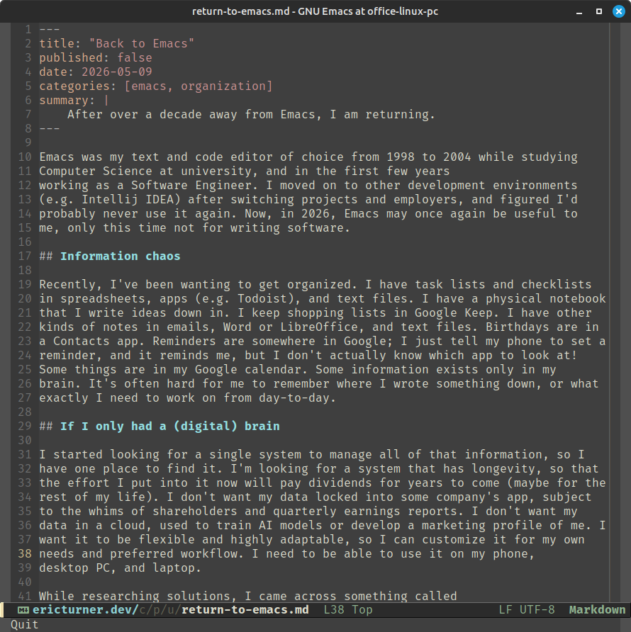 Emacs after customization. Screenshot of Emacs after customization